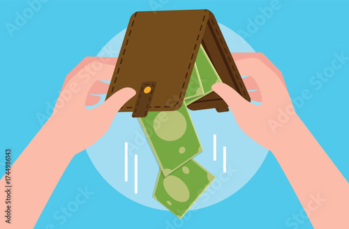 Hand holding a wallet upside down with banknotes falling out.