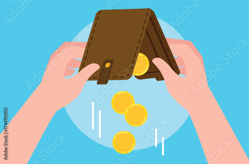 Hand holding a wallet upside down with coins dropping out.