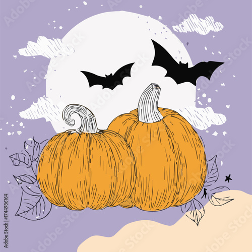 Vector illustration of pumpkin and bats for Halloween wall poster, card or background