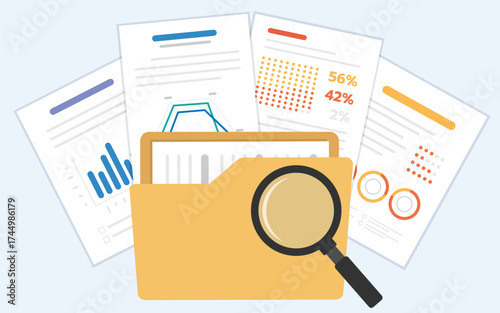 Document folder and magnifying glass with data sheets in flat design.