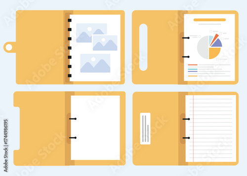 Set of opened document folders in multiple styles.