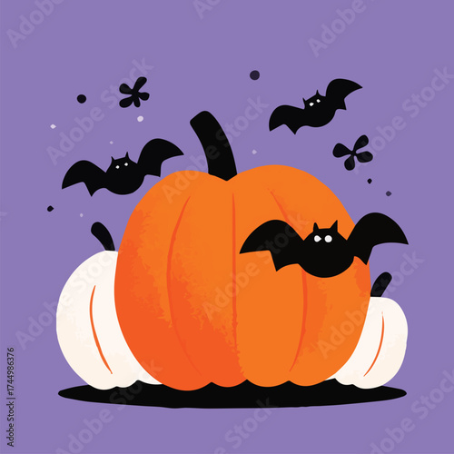 Vector illustration of pumpkin and bats for Halloween wall poster, card or background