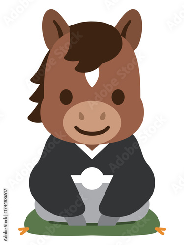 裃を着て正座した馬のキャラクター 正月用の和風イラスト