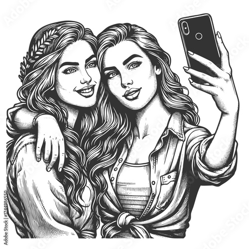 two smiling young women taking a selfie together, modern lifestyle sketch engraving generative ai fictional character vector illustration. Scratch board imitation. Black and white image.