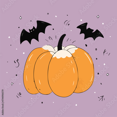 Vector illustration of pumpkin and bats for Halloween wall poster, card or background