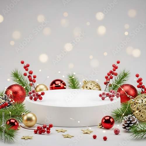 Christmas Display Podium with Ornaments.