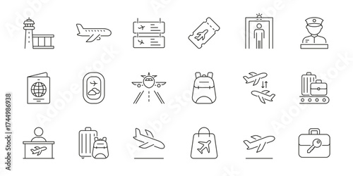 Airport And Travel Icon Set. Aviation, Security, And Luggage Management Outline Symbol Collection. Passport, Boarding Pass And Flight Operations. Editable Stroke. Isolated Vector Illustration