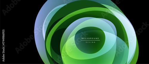 Abstract layers create circular design. Green hues dominate, with subtle blue accents. Modern, vibrant visual composition.