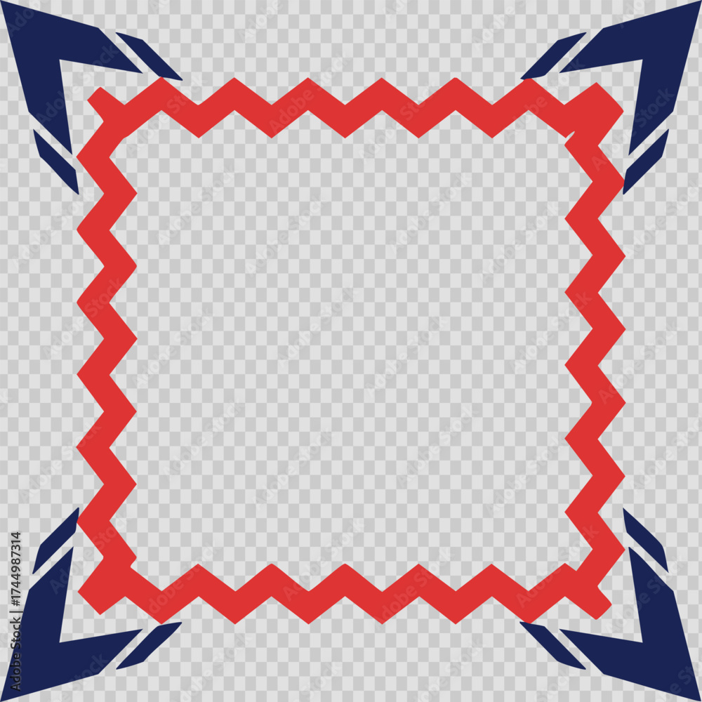 Obraz premium Creative geometric frame with a red zigzag border and blue arrow-shaped corners. An abstract and modern vector illustration for certificates or awards