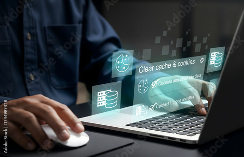 Clearing Browser Data for Privacy and Performance Boost, Laptop screen shows cache and cookie cleanup in user settings
