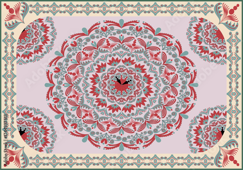 Elegant floor rug displays a delicate mandala design in soft pink, teal, and crimson hues. The central floral medallion expands outward with layered petals ,creating a refined and artistic aesthetic.