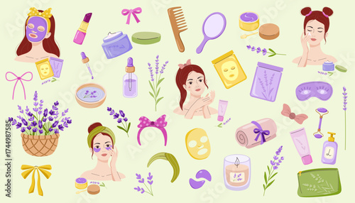 Set of lavender illustrations for personal care, spa products, cosmetic bag, face cream, hand lotion, aromatic oil, collagen, retinol, eye patches, face mask, comb, hairbrush, lipstick, bow, soap