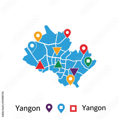 Navigational Map with Location Pins and City Outline, Yangon City Guide