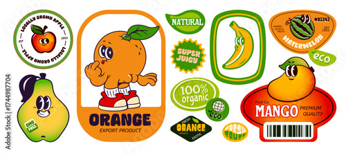 Retro fruit sticker set with cartoon orange and banana, mango and pear characters for organic food branding. Vintage labels with eco badges and smiling mascots. Colorful export product designs.