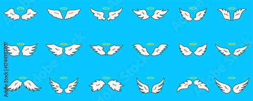 Cartoon Angel Wings With Halo Icon Set. Whimsical Wing Icons. Heaven, Purity, Spirituality and Protection Concept. Silhouette Symbol Collection. Isolated Vector Illustration