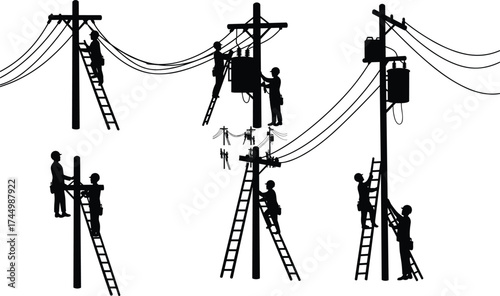 Utility workers on power poles performing electrical maintenance, silhouette vector illustration, energy infrastructure, safety equipment, industrial service, CAD drawing flat vector illustration