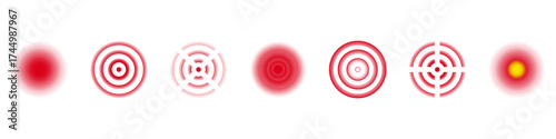 Pain Glow Spots and Target Radar Circles Icon Set. Body Injury Focus Areas, Medical Ache Localization and Pressure Indicators Symbol Collection. Isolated Vector Illustration