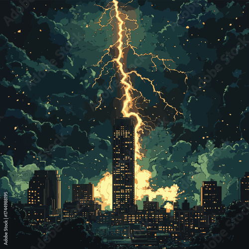 A colossal skyscraper is violently struck by a searing bolt of lightning during a furious, dark, and dramatic thunderstorm. , vector style simple color