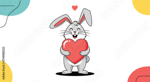 A cheerful bunny holding a big red heart and sending love.