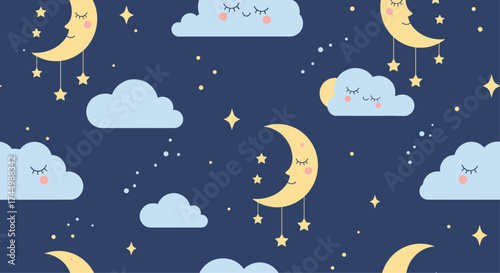 Cute sleepy moon and stars pattern with fluffy clouds in the night sky.