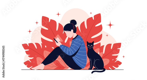 A person sitting with their cat looking at their phone.