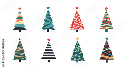 Collection of eight modern geometric stylized christmas trees in various designs and color palettes.