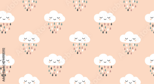Cute smiling clouds raining water droplets on a soft peach background.