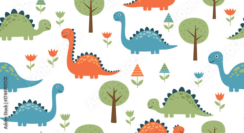 A cute seamless pattern of cartoon dinosaurs and trees.