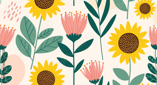 A pattern of cheerful sunflowers and delicate pink flowers adorns a soft cream background.