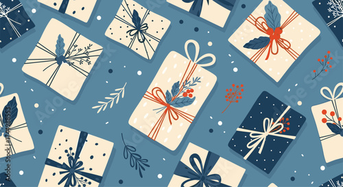 A festive pattern of wrapped gifts and winter foliage.