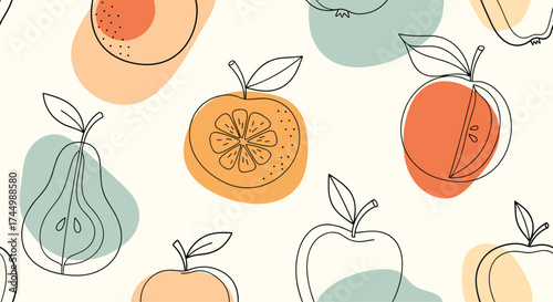 A delightful seamless pattern featuring various fruits drawn with minimalist lines and pastel shapes.