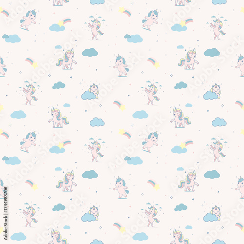 Seamless pattern with cute cartoon unicorn motifs, perfect for decorating fabrics, wallpaper, gift wrapping paper or children's room decorations.