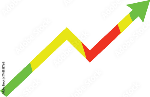  A volatile stock market arrow graph showing a fluctuating trend of growth, decline, and recovery, symbolizing financial risk and investment.