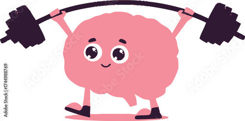Adobe Illustrator ArtworkA cute and strong cartoon brain character lifting a heavy barbell, symbolizing mental health, brain training, and intellectual power.