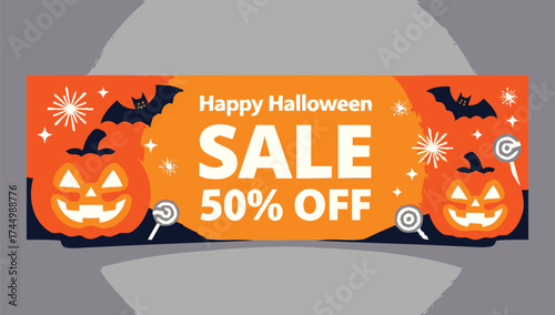 A festive Happy Halloween sale banner with a 50% off discount, featuring glowing jack-o'-lanterns, bats, and candy on an orange background.
