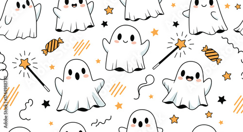 Cute ghost friends and magic stars on a white background.
