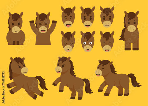 Adorable horse character vector set with multiple emotions and poses, perfect for 2026 Year of the Horse designs, greeting cards, planners, and festive New Year projects.