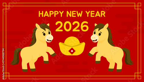 Adorable horse couple with golden ingot and red background, celebrating 2026 New Year and Chinese Lunar New Year. Perfect for greeting cards, posters, and festive decorations.