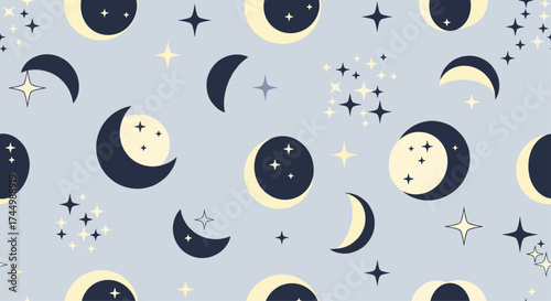 A whimsical pixel art pattern of celestial bodies including moons and stars.