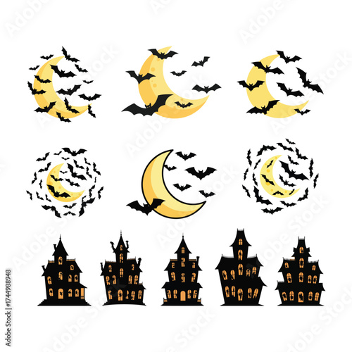 A collection of Halloween design elements featuring spooky haunted houses and swarms of bats flying around crescent moons.