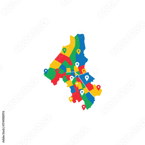 Colorful Abstract Map with Location Pins Indicating Diverse Neighborhoods and Urban Exploration
