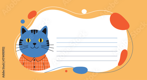 A cute blue cat wearing a shirt with blank lines for text.