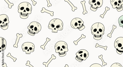 A scattering of hand-drawn skulls and bones on a textured white background.
