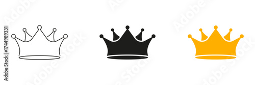 Crown Icon Line And Solid Black And Color Icon Set. Royalty, Leadership, And Authority Symbol Outline And Silhouette Symbol Collection. Regal And Elegant Design. Isolated Vector Illustration