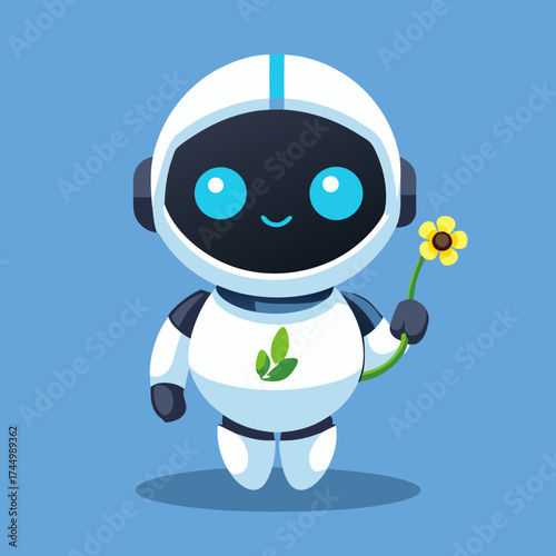 Cute little robot holding a yellow flower vector illustration for technology and nature themes vector, illustration, scalable, eps, icon, robot, cute, character, technology, ai, android, flower