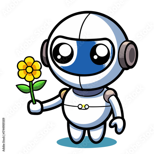 Adorable cute robot character holding a yellow flower vector illustration vector, illustration, scalable, eps, icon, robot, character, cute, art, design, graphic, drawing