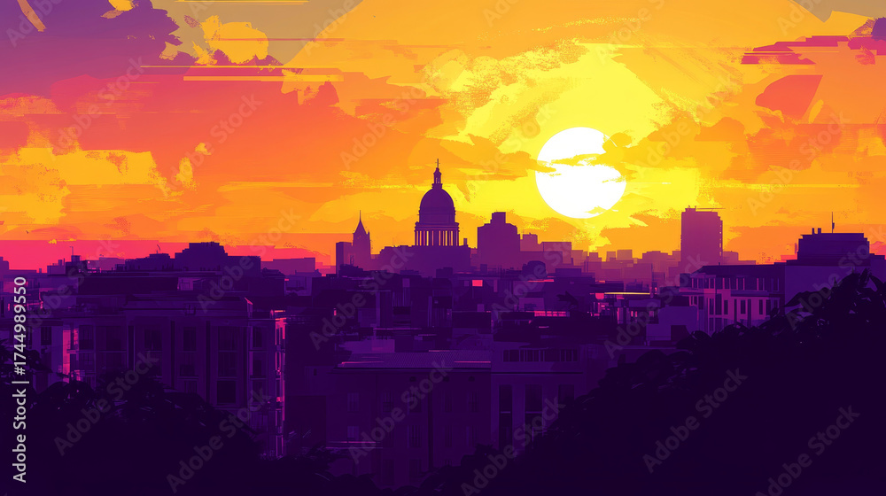 Fototapeta premium Vibrant cityscape at sunset with stylized brushstrokes. A glowing sun sets behind a prominent dome building.