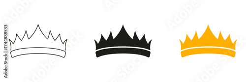 Crown Icon Line And Solid Black And Color Icon Set. Royalty, Leadership, And Authority Symbol Outline And Silhouette Symbol Collection. Regal And Noble Representation. Isolated Vector Illustration