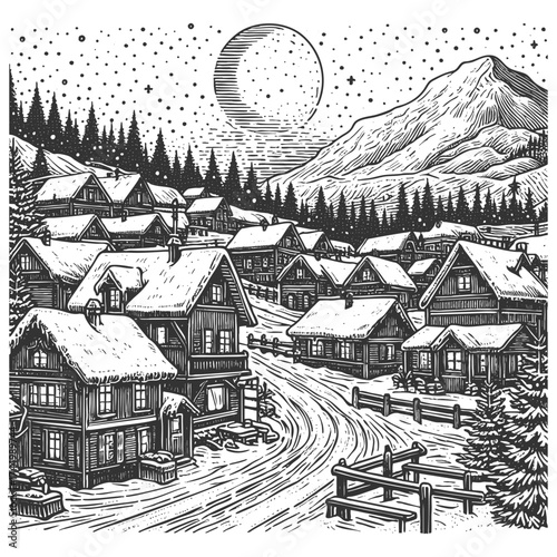 snowy village with wooden houses, church steeple, pine trees, and winter night sky atmosphere sketch engraving generative ai vector illustration. Scratch board imitation. Black and white image.