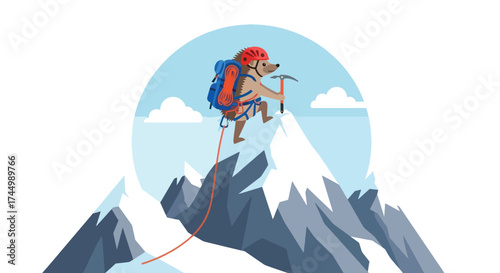 Dog Climber Reaching Mountain Summit with Ice Axe.